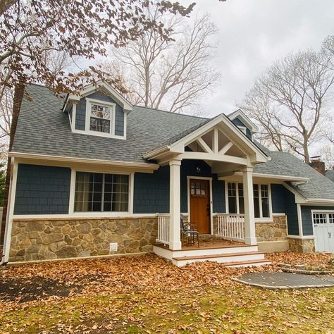 Premier Building & Renovations on Instagram: “Here’s a look at one of our recent projects in Huntington NY, some lovely Evening Blue @james_hardie siding with a custom Portico to go…” James Hardie Evening Blue, Hardie Board Siding, Hardie Board, James Hardie Siding, Hardie Siding, James Hardie, Building Renovation, Blue House, Home Reno