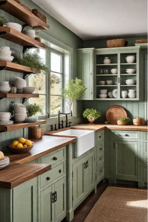 Island Cabinets Different Color, Green Kitchen Cabinets Grey Walls, Farmhouse Islands In Kitchen, New Build Kitchen Cabinet Ideas, Sage Green Kitchen Cabinets Rustic, Butcher Block Countertops Sage Cabinets, Sage Green And Cream Kitchen Cabinets, Kitchen Rectangle Layout, Craftsman Kitchen Remodel Ideas