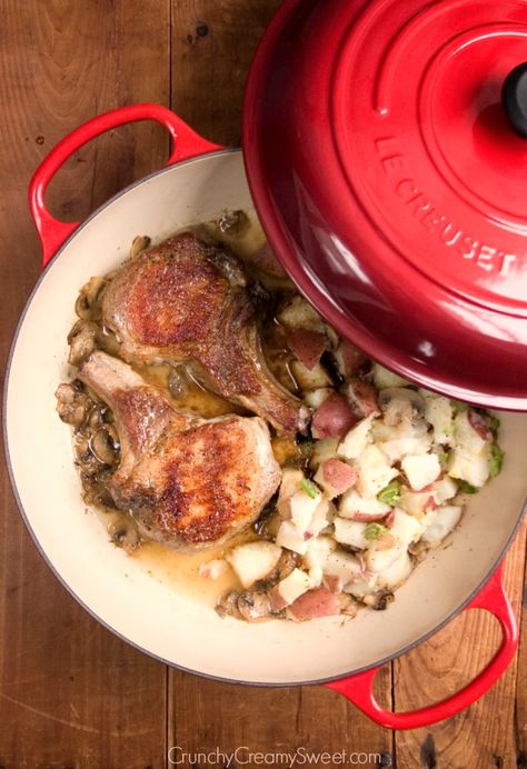 Braised Pork Chops with Lemon Garlic Red Potatoes Dutch Oven Pork Chops, Braised Recipes, Braiser Recipes, Braised Pork Chops, Braising Recipes, Le Creuset Recipes, Red Potato Recipes, Garlic Red Potatoes, Cast Iron Recipes