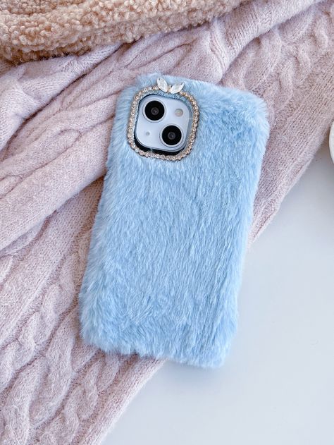 Blue    TPU Plain Phone Cases Embellished   Phone/Pad Accessories Plain Phone Cases, Fluffy Phone Cases, Blue Phone Case, Rhinestone Decor, Phone Cover, Baby Blue, Phone Case, Light Blue, Phone Cases