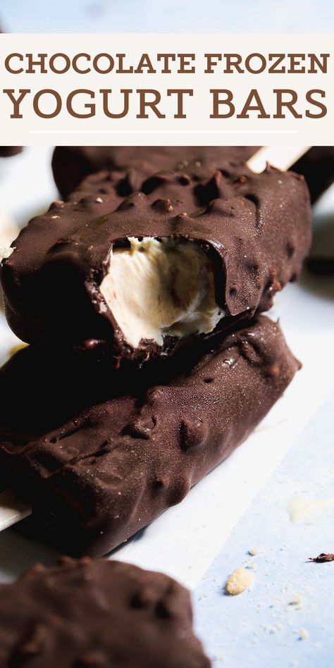 Cool off on hot summer days with these chocolate crunch frozen yogurt bars! They're made with a creamy frozen greek yogurt that's naturally sweetened with maple syrup and SunButter and then further dipped in crispy and crunchy dark chocolate to create a luscious shell. It's a healthier take on the classic and the perfect sweet treat the whole family will love! Yogurt Popsicle Recipes, Chocolate Frozen Yogurt, Yogurt Bars, Frozen Yogurt Bar, Chocolate Greek Yogurt, Frozen Yogurt Bites, Frozen Greek Yogurt, Frozen Yogurt Recipes, Healthy Ice Cream Recipes