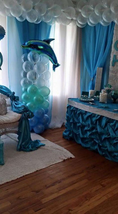 dolphins Baby Shower Party Ideas | Photo 4 of 16 | Catch My Party Dolphin Birthday Parties, Dolphin Party, Ocean Baby Showers, Sea Party Ideas, Sea Baby Shower, Baby Shower Party Ideas, Mermaid Baby Showers, Mermaid Parties, Shower Party Ideas