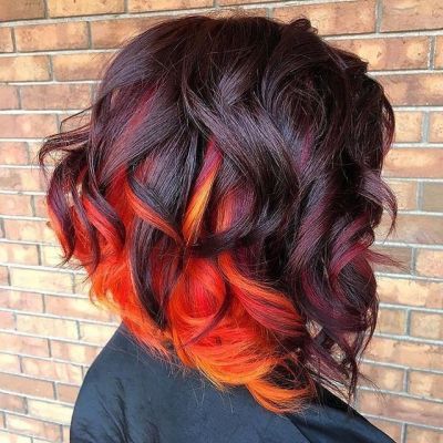 Unique Bob Hairstyles, Vibrant Hair Color Ideas Fun, Spooky Hair Color Short Hair, Desert Sunset Hair, Sunset Hair Color Short, Sunset Hair Color Ombre, Orange Peekaboo Hair, Vivid Hair Color Ideas For Brunettes, Fall Vivid Hair Color