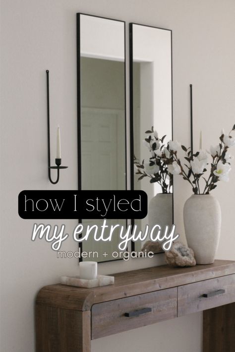 How I Styled My Entryway - Sarah Grace at Home Foyer Ideas Entryway Modern, Foyer Mirror Ideas, Pinterest Mirror, Entryway Decor Modern, Foyer Mirror, Mirror And Sconces, Foyer Ideas Entryway, Sarah Grace, Entryway Modern