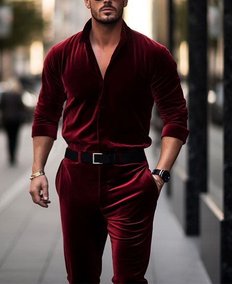 Okaywear Business Straight Leg Pockets Shirt Collar Velvet Jumpsuit Style: Business, Semi Formal Color: Burgundy, Purple, Green, Gold, Black Material: Velvet Fit Type: Regular Fit Pattern Type: Solid Neckline: Shirt Collar Details: Pockets, Long Sleeve Product Type: Presell Item ID: YL03566 48.79 Men Bodysuit, Burgundy Jumpsuit, Smart Casual Wear, Velvet Jumpsuit, Jumpsuit Men, Blazer Shirt, Hot Jeans, Suit Separates, Pocket Shirt