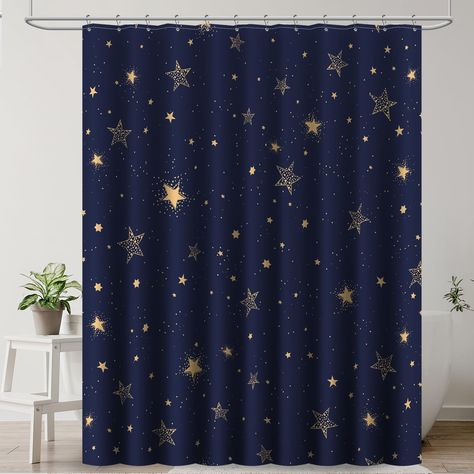 PRICES MAY VARY. Premium Quality: Made of 100% heavy-duty polyester fabric, Amaredom shower curtain is made to withstand moisture-rich bathroom environment. Light can shine through the fabric but one cannot see through it Deep Dark Fantasy: Star pattern design, makes you feeling like Bathing in the stars. Relaxing. Counting stars in the bath Metal Hooks with Round Beads: Comes with 12 beautiful stainless steel hooks which has 5 round beads that roll on the shower curtain rod easily and smoothly. Rich Bathroom, Star Shower, Decor Baie, Fabric Shower Curtain, Timeless Decor, Room Partition, Shower Curtain Rods, Shower Curtain Set, Bathroom Design Luxury