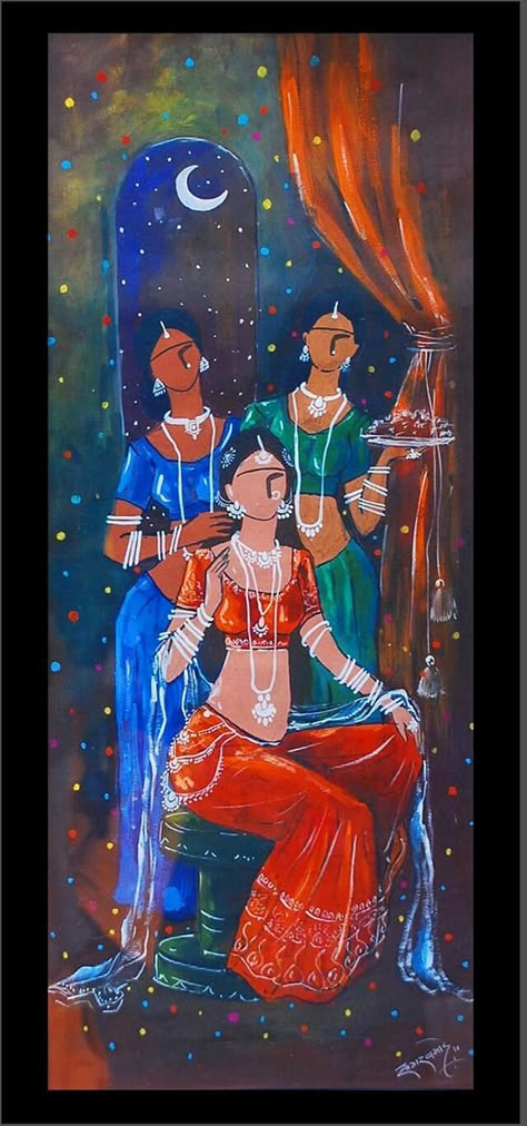 Indian Lady Painting Art Beautiful, Creative Composition Painting Ideas, Composition Art Paintings, Indian Art Paintings Galleries, World Art Painting, Beautiful Painting Ideas, Symbolism Art, Phad Painting, Colourful Paintings