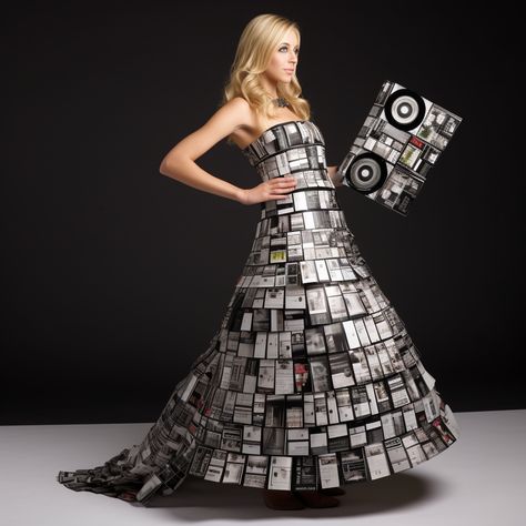 A model showcasing the Film Reel Dress, a captivating gown made from old film reels, reflecting on the transformation of technology and the intersection of art and fashion. Manus X Machina Fashion, Evolution Of Technology, Film Reel, Fashion Technology, Film Reels, Old Film, Technology Fashion, Artistic Expression, Creative Fashion