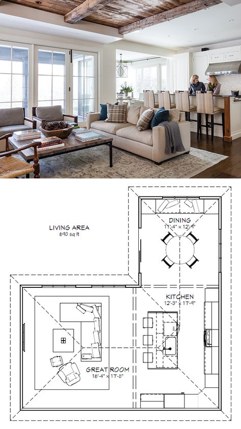 Casa Open Space, Dining Room Layout, Living Room Floor Plans, Kitchen Layout Plans, Kitchen Addition, Living Room And Kitchen, Kitchen Floor Plans, Farmhouse Windows, Study Area