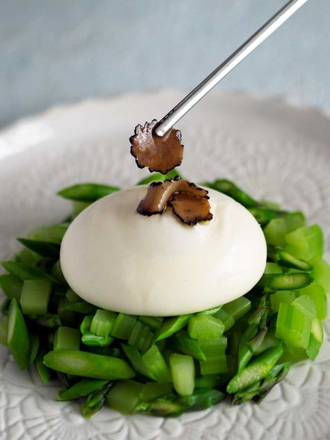 Salsa tartufata shares the lead roll in this burrata salad.  Creamy mozzarella teams perfectly with the umami of the black summer truffle sauce. Asparagus and celery add freshness and crunch. All topped off with more tuber aestivum decadence, truffle carpaccio. Celery Recipes, Truffle Sauce, Celery Salad, Truffle Pasta, Summer Truffle, Burrata Salad, Easy To Cook Meals, Grilled Bread, Delicious Appetizer Recipes