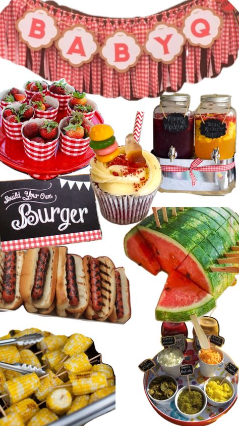 Baby Q Dessert Table, Barbecue Themed Party, Barbecue Baby Shower Food, Burger Baby Shower Ideas, Baby Q Shower Food Ideas, Babyque Shower Ideas Food, Bbq Themed First Birthday Party, Baby Q Theme Baby Shower Ideas, Ribs And Bibs Baby Shower Ideas