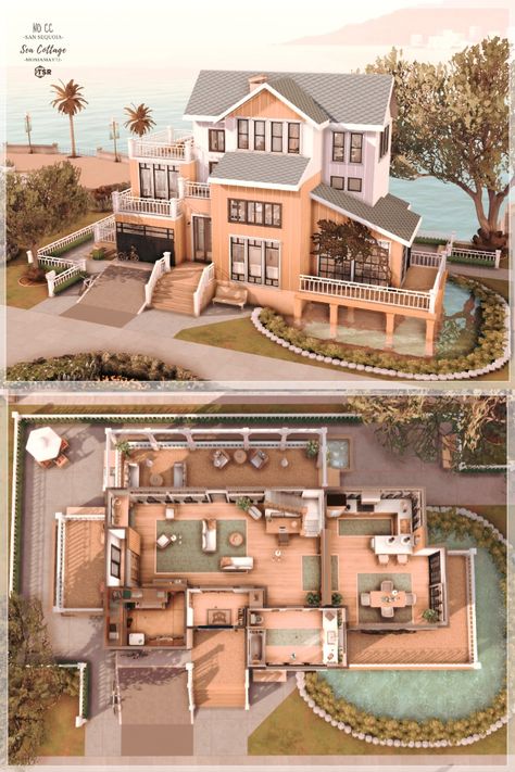 Sims 4 San Sequoia, Sims 3 Houses Ideas, Sims 4 Penthouse, San Sequoia, Sims 4 Family House, Sea Cottage, Sims 4 Houses Layout, The Sims 4 Lots, Muebles Sims 4 Cc