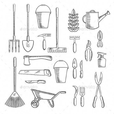 Unkempt Power Tools Learning #ToolsForHope #ElectricalHandTools Gardening Tools Illustration, Farm Tools And Equipment, Bucket Drawing, Isometric Sketch, Flowers Bucket, Tool Tattoo, Sketch Icon, Woodworking Power Tools, Garden Drawing