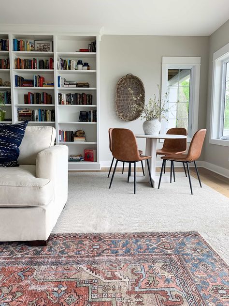 basement family room beige carpet red area rug leather dining chairs Beige Carpet Living Room, Richmond House, Beige Dining Room, Lilypad Cottage, Living Room Rug Size, Rug Over Carpet, Area Room Rugs, Basement Family Room, Diy Dining Room