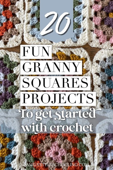 20 Fun Granny Squares Projects to Get Started with Crochet - Family Style Schooling Granny Squares Projects, Fun Granny Squares, Granny Square Poncho, Crochet Granny Square Tutorial, Easy Granny Square, Granny Square Haken, Tote Crochet, Granny Square Projects, Crochet Granny Squares