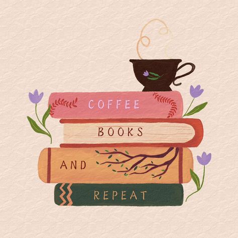 Coffee ☕ Books 📚 and Repeat 🔁 . . . . . . (Coffee, books, novels, reading, reader, stickers, bookmarks, illustration) . . . . . . . #reading #reader #bookmarks #stickers #magneticbookmarks #novels #illustration #illustrator #cozy #digitalart #infinitypainter Cozy Book Illustration, Books And Coffee Illustration, Book Journal Quotes, Cute Coffee Illustration, Reading Book Illustration Art, Kindle Illustration, Bookmarks Illustration, Books And Coffee Aesthetic, Whimsical Library