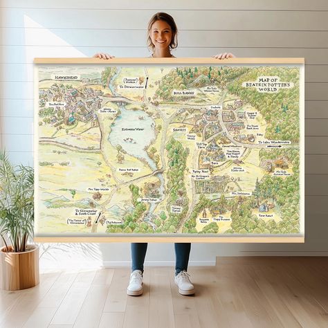 Extra Large Peter Rabbit Watercolor Map | Beatrix Potter World Map Textile Wall Hanging | Nursery Art | Canvas Print Wall Tapestry hn66 Whimsical Map, Rabbit Watercolor, Map Tapestry, Nursery Canvas Art, Peter Rabbit Nursery, Wall Hanging Nursery, Peter Rabbit And Friends, Soft Watercolor, Textile Material