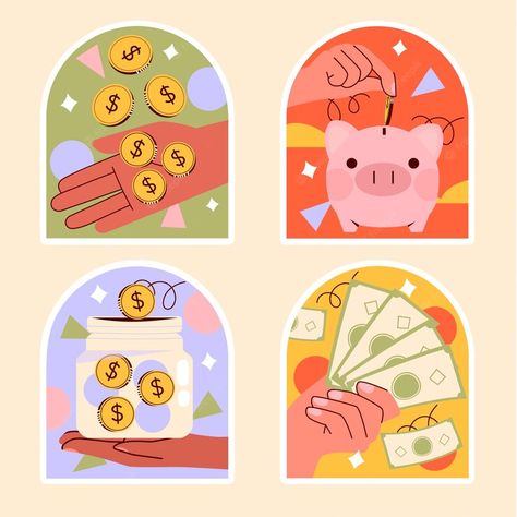 Free Vector | Naive money stickers collection Saving Money Illustration Art, Money Illustration Design, Money Illustration Graphics, Save Money Illustration, Money Illustration Art, Savings Illustration, Saving Money Illustration, Reward Illustration, Career Stickers