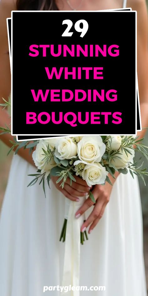 Discover 29 stunning white wedding bouquets for brides who want to make a lasting impression! From classic roses to modern arrangements featuring unique elements like olive branches, these floral designs are perfect for any wedding theme. Whether you're planning an elegant affair or a rustic celebration, these white bouquets will surely capture your heart and leave your guests in awe. Get inspired by these creative ideas and find the perfect bouquet that complements your romantic style. Wedding Bouquet Pics, How To Make A Simple Bridal Bouquet, Spring Wedding Black And White, Simple Rose Bridal Bouquet, Bride Bouquet White Elegant Simple, All White Rose Bridal Bouquet, Wedding Bouquet Inspiration, White Florals For Wedding, Elegant Wedding Bouquets Romantic