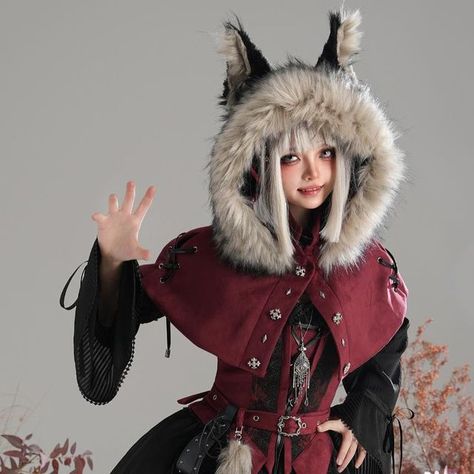 Devil Inspired on Instagram: "🖤Gothic flower window embroidery/ print skirts with detachable overlay. 🐺Matching with shirt, waistcoat with bag & plush wolf tail on belt, faux fur collar hooded cape with detachable wolf ears, accessories. 👉Search 'Wolf Hunter' for full collection. #goth #gothgirl #gothfashion #waistcoat #cape #devilinspired" Cape With Fur Collar, Poncho Reference, Wolf Costume Women, Window Embroidery, Wolf Bag, Wolf Outfit, Devil Inspired, Wolf Dress, Fur Belt