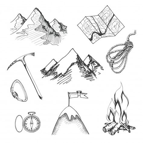 Mountain climbing camping decorative icon set with map rope compass campfire isolated vector illustration Free Vector Making Tshirt, Inktober Ideas, Camping Tattoo, Lantern Camping, Camping Icons, Outdoor Logos, Mountain Tattoo, Mountain Climbing, 그림 그리기