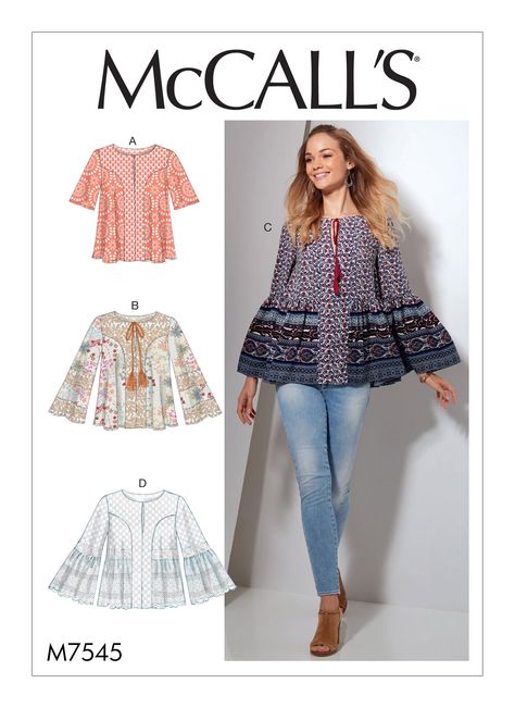 McCall's 7545 Misses' Split-Neck Tops with Flared Sleeves sewing pattern Sewing Top, Projek Menjahit, Boho Style Tops, Top Sewing, Make Your Own Clothes, Mccalls Sewing Patterns, Pattern Brands, Top Sewing Pattern, Mccalls Patterns