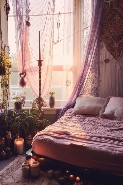 Witchy Elements, Witchy Bedroom Ideas, Witchy Bedroom, Magical Bedroom, Purple Bedroom, Purple Rooms, Dark And Moody, Relaxing Bedroom, Modern Witch