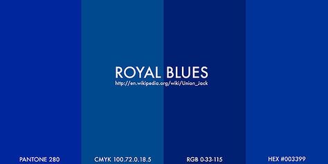 https://flic.kr/p/51SK4 | royal blues | Wikipedia's article on the Union Jack gives colour specifications for "Royal Blue" and cites The Flag Institute's publication "British Flags & Emblems". Union Flag (Royal) Blue: Pantone 280 Web-Safe Hex #003399 RGB 0-33-115 CMYK 100.72.0.18.5 Ministry of Defence 8711D NATO 8305.99.130.4580 A simple demonstration appears to show striking differences between the results of using different formulations available in Pho... Royal Blue Pantone, Royal Blue Color Code, Dark Blue Color Code, Pantone Azul, Blue Hex Code, Blue Cmyk, Blue Pallets, Blue Pantone, Blue Shades Colors