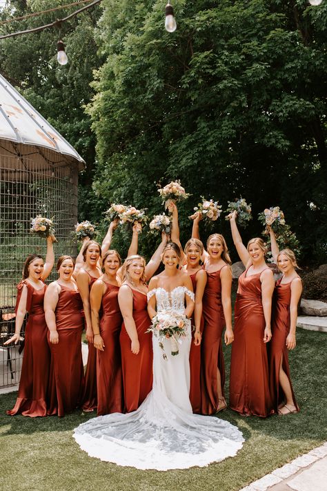 Rust Red Bridesmaid Dress, Paprika Bridesmaid Dresses Fall, Fall Bridesmaid Dresses Terracotta, Davids Bridal Cinnamon Wedding Party, Terrocata Bridesmaid Dresses, Fall Satin Bridesmaid Dresses, Burnt Orange Bridesmaid Dresses Rustic, Terracotta Bridal Party, Rust Bridal Party