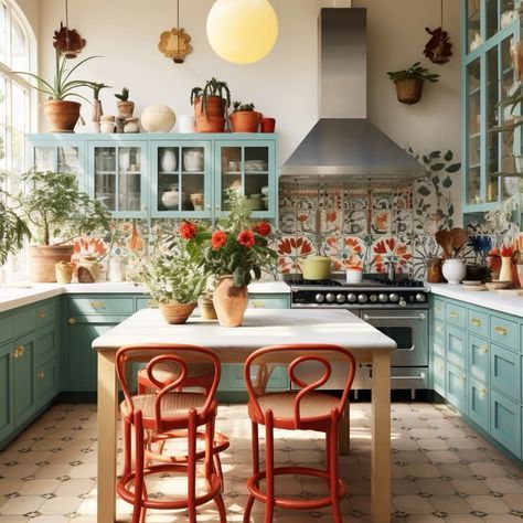 Small Victorian Terrace Kitchen, Tile Kitchen Wall To Ceiling, Colourful Cottage Kitchen, Colourful Country Kitchen, Colorful Galley Kitchen, Vintage Kitchen Design Ideas, Colourful Kitchen Ideas, Artsy Kitchen, Eclectic Kitchens