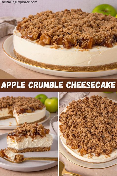 Recipe for a no bake Apple Crumble Cheesecake - creamy vanilla cheesecake topped with stewed apples and a spiced crumble topping #thebakingexplorer #nobakecheesecake #applecrumble #autumncheesecake #applecheesecake No Bake Apple Crumble, No Bake Maple Cheesecake, Crumb Cake Cheesecake, No Bake Apple Crisp Cheesecake, No Bake Apple Crumble Cheesecake, Apple Crumble Cheesecake No Bake, No Bake Apple Cheesecake Recipes, No Bake Crumble Topping, Apple Crumble Cheesecake Recipe