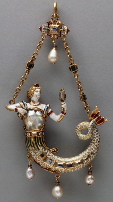 Mermaid Pendant, Germany or France (ca. 1870 - 1895; baroque pearl with enameled gold mounts set with diamonds, pendant pearls). www.metmuseum.org. Baroque Jewelry, Ancient Jewellery, Mermaid Pendant, Historical Jewellery, Vintage Mermaid, Mermaid Jewelry, Ancient Jewelry, Enamel Brooch, A Mermaid