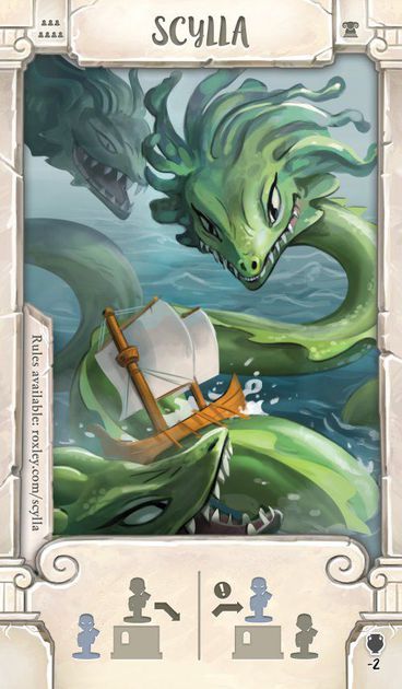 Promotional card offered by "Dice Tower Season 13 Indiegogo". SCYLLA (Many Headed Sea Monster): Your Move: If your Worker moves from a space that neighbors an opponent's Worker, you may Force their Worker into the space yours just vacated. Character Trading Cards, Sea Monster Illustration, Chess Room, Game Card Design, Monster Games, Character Cards, Dice Tower, Monster Cards, Sea Monster