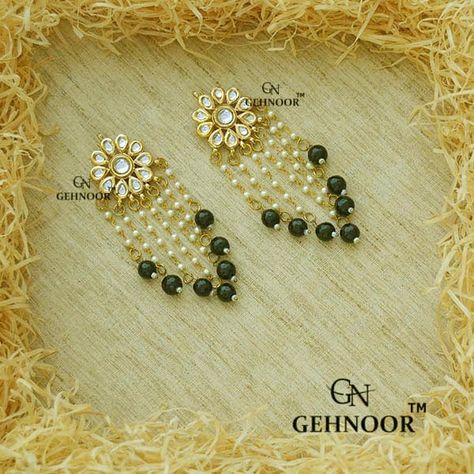 Complete the Gorgeous Black and White Look by pairing these Beautiful Black Beaded Tassel Earrings adorned with Kundan Flower Studs! .… Kundan Earrings Studs, Kundan Studs Earrings, Diy Kundan Jewellery, Multicoloured Earrings, Festive Jewellery, Diy Earrings Materials, Beaded Diy, Earrings Kundan, Handmade Bead Jewellery