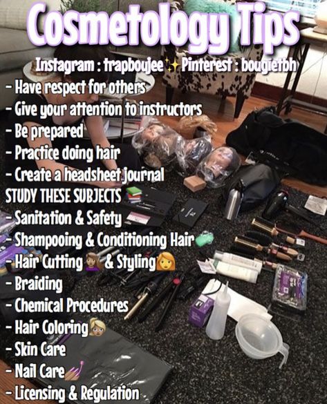 Cosmetology Tips Student, Must Haves For Cosmetology School, First Day Of Cosmetology School, Things You Need For Cosmetology School, Cosmetology Tips And Tricks, Hair School Cosmetology Tips, Cosmetology School Supply List, Cosmetology School Essentials, Cosmetology School Makeup