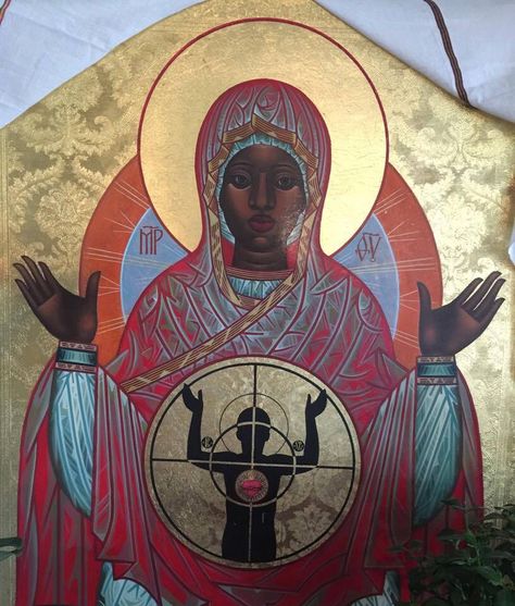 Icon by Mark Dukes: "Our Lady Mother of Ferguson and All Those Killed by Gun Violence." An icon is an invitation to prayer. Here Our Lady is depicted as an African-American woman with a small image of a Jesus figure (where her womb would be). Jesus is depicted as a victim of gun violence in the crosshairs (also a cross), and has the symbols "IC/XC" (Greek for Jesus Christ.) His Sacred Heart, surrounded by a crown of thorns is displayed. Mary is in the "orans" position of prayer. Behind her are G Child Image, Saint Gregory, Antipolo, Black Madonna, Images Of Christ, Mother Art, Episcopal Church, Saint Mary, Madonna And Child