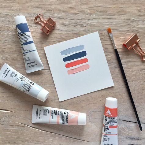 Holbein acryla gouache color palette by Jeah Design. #colourpalette #ashblue #coralred #shellpink #mistyblue Gouache Color Palette, Gouache Pallet, Holbein Acryla Gouache, Holbein Gouache, Gouache Painting Techniques, Navy Palette, Gouache Flowers, Acryla Gouache, Watercolor Pencil Art