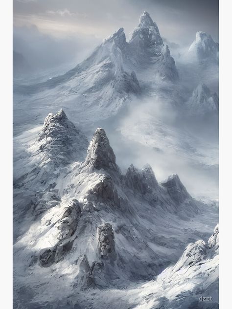 "Fantasy Landscape - Winter Mountain" Sticker for Sale by dzzt | Redbubble Frozen Mountains Fantasy Art, Snowy Mountains Fantasy Art, Fantasy Mountain Aesthetic, Nordic Fantasy Landscape, Fantasy Snowy Landscape, Fantasy Winter Aesthetic, Fantasy Winter City, Fantasy Mountain Range, Fantasy Mountain City