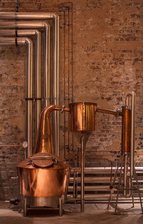 Archie Rose Distillery is an exemplary case of adaptive reuse where Acme & Co have transformed an unremarkable steel shed into a compelling establishment. Greenhouse Glamping, Distillery Design, Viking Market, Brewery Interior, Whisky Distillery, Whiskey Room, Brewery Design, Moonshine Still, Copper Still