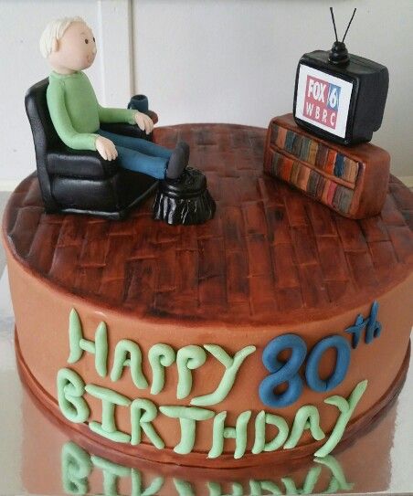 80th birthday cake, fox 6 fan, recliner, chair, old man. 80th Birthday Cake For Men, 70th Birthday Cake For Men, Grandpa Birthday Cake, 75 Birthday Cake, Old Man Birthday, 80th Birthday Cake, Rodjendanske Torte, 90th Birthday Cakes, 70th Birthday Cake