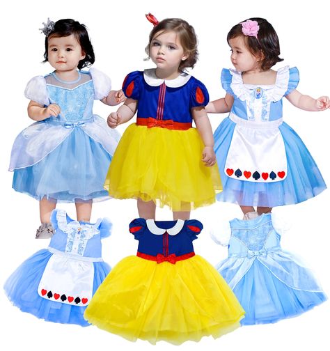 PRICES MAY VARY. Item Includes: Blue and white dress*1, Rich blue and yellow dress*1, Blue dress with attached apron*1. Super Cute Princess: The dresses are soft and fluffy with cute peplum, bow and ruffles decorations, dress up your toddlers as cute princess with the adorable set! Comfortable for Baby: The high quality cotton lining cares for your baby's delicate skin so they can wear it without having to feel any discomfort. Easy Diaper Changing: Snap buttons design at the bottom of the dress Toddler Princess Costume, Blue And Yellow Dress, Pretend Play Costumes, Buttons Design, Princess Halloween Costume, Disney With A Toddler, Toddler Party Dress, Fancy Dress Up, Old Dresses