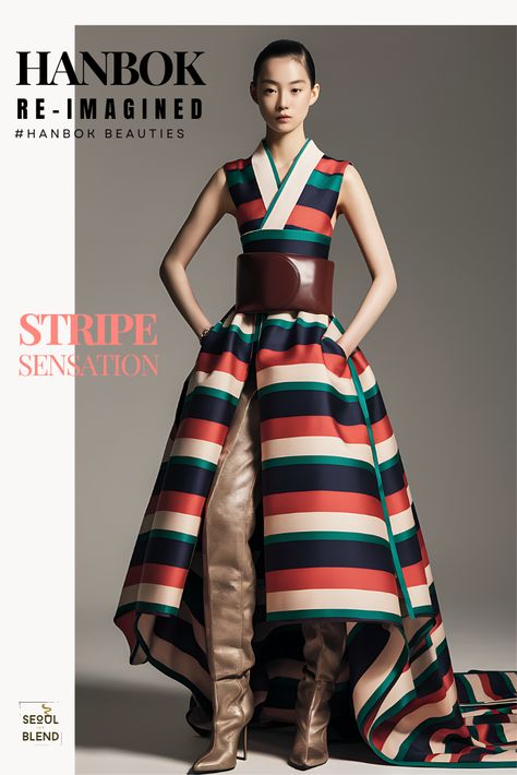 Hanbok Revolution: Stripes & Sophistication Hanbok Inspired Fashion, Futuristic Elegance, Modern Hanbok Dress, Oversized Belt, Korean Traditional Clothing, Modern Hanbok, Korean Hanbok, Fashion Forecasting, Church Dresses