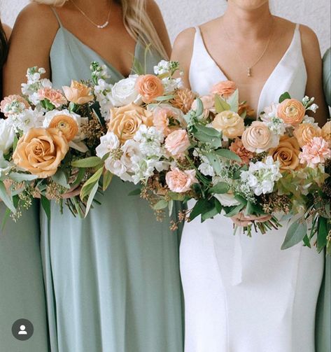 Peach Wedding Theme, Sage Wedding Colors, Peach Wedding Bouquet, Peach Bridesmaid, Peach Bridesmaid Dresses, Peach Bouquet, Peach Wedding Flowers, Sage Bridesmaid Dresses, Sage Green Bridesmaid Dress