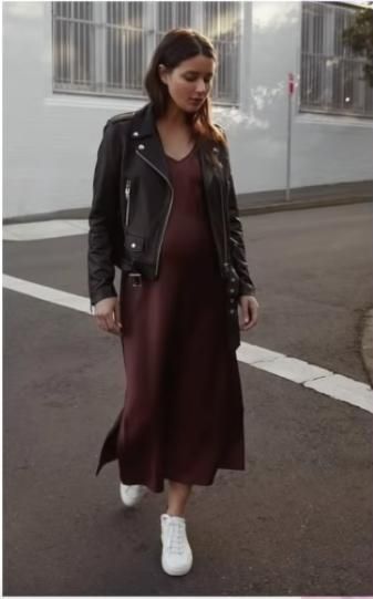 Green Satin Dress With Leather Jacket, Leather Jacket Slip Dress, Midi Dress With Jacket Outfit, Burgundy Slip Dress Outfit, Satin Dress With Leather Jacket, Silk Dress With Leather Jacket, Leather Jacket Outfit With Dress, Slip Dress Leather Jacket Outfit, Satin Dress Leather Jacket