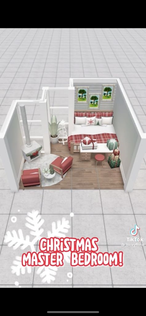 Bloxburg House Ideas Interior Christmas, Bloxburg Xmas Bedroom, Bloxburg Christmas Interior Ideas, Cute Master Bedrooms In Bloxburg, Bloxburg Chill Room, Roblox Bloxburg House Ideas Christmas, Small Christmas House Bloxburg, Bloxburg Houses Christmas, Bloxburg Christmas Color Schemes