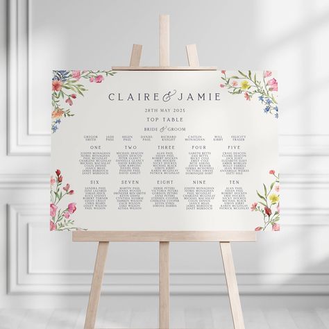 Introducing our beautiful wedding table plan with wildflower detail. Available as a printed board sign that is ready for your wedding day or special event, simply send me your table plan details and we will do the rest! Printed on quality 3mm foamboard with matt finish, this is both lightweight and rigid, making it ideal to be used on easel/stand or placed against wall or plinth.  HOW TO ORDER 1. Please add the details in the personalisation box and choose your size. 2. Add to basket and checkou Wedding Table Board, Floral Wedding Signage, Table Seating Chart Wedding, Wedding Table Plan Ideas, Table Plan Ideas, Table Plan Wedding, Plan Board, Large Wedding Signs, Digital Table