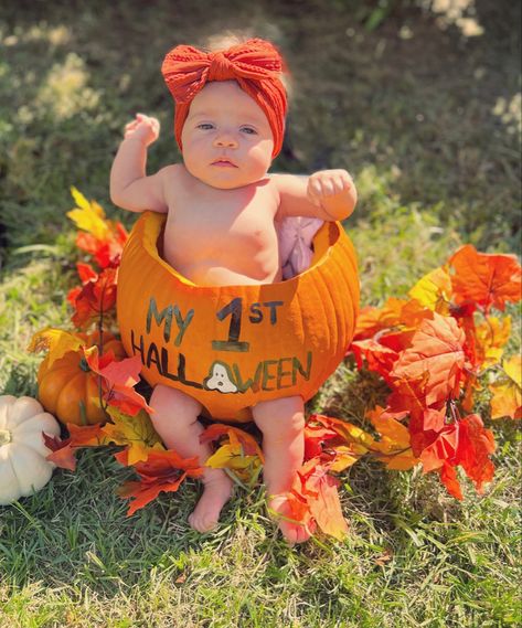 First Halloween Pumpkin Pictures, Baby Pictures In Pumpkins, Baby Girl Pumpkin Painting, Baby I’m Pumpkin Pictures, Baby Pumkin Shoot, Babies In Pumpkins Photography, Babies First Halloween Pumpkin, Baby In Pumpkin Ideas, October 6 Month Baby Pictures