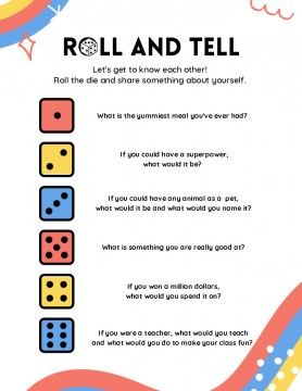 Getting To Know Each Other Activities, Roll The Dice Small Talk, Games To Know Each Other, Get To Know You Dice Game, Getting To Know You Dice Game, Talking Activities For Kids, Get To Know Each Other Games For Kids, Get To Know Each Other Games, Sel Games For Elementary