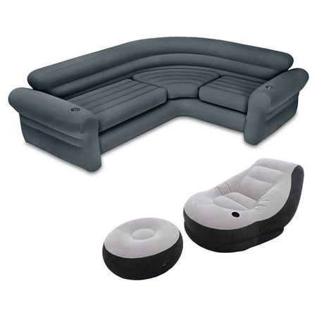 This Intex Inflatable Couch is a Corner Sofa that works as a great addition to any living room, rec room, or even to take camping. With a waterproof flocked top surface, a vinyl bottom, and a neutral color, this sectional inflatable sofa fits any decor and environment. It has deep seats and wide armrests for a practical and sophisticated appeal. The 2 in 1 valve with extra wide openings allow for fast inflation and deflation and it folds compactly for storage or travel. Relax and take a load off of your feet on this comfortable and convenient Intex Inflatable Couch. Kick back, relax, and grab a beverage on the cozy Intex Inflatable Ultra Lounge Chair And Ottoman Set. This set inflates and deflates quickly and features a comfortable flocked surface material, leisurely backrest, and an ottom Inflatable Couch, Inflatable Furniture, Lounge Chair And Ottoman, Inflatable Sofa, Corner Sectional Sofa, Air Mattresses, Sectional With Ottoman, Indoor Outdoor Furniture, Chair And Ottoman Set