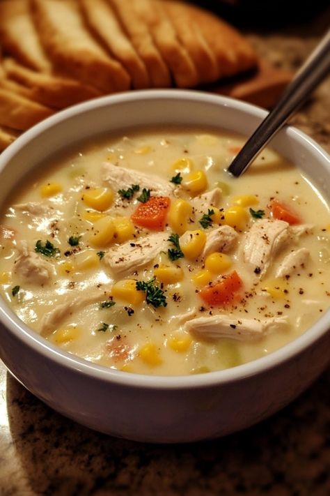 Creamy chicken and corn soup in a white bowl with a spoon. New England Chicken Chowder, Turkey Corn Chowder Soup, Crock Pot Chicken Corn Soup, Healthy Chicken Corn Chowder, Chicken Corn Potato Chowder, Creamy Chicken Corn Soup, Chicken Corn Chowder Soup Easy, Chicken Corn Chowder Crock Pot, Chicken Corn Soup Recipes